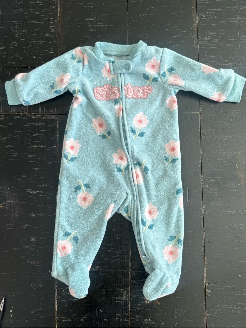 Carter's Blue Floral 'Little Sister' Fleece Footed One-Piece